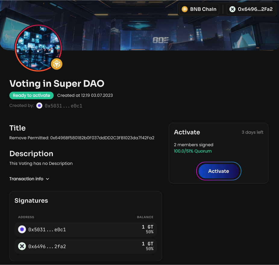 After the vote is created and activated, the Manager will be removed from the DAO Permitted Addresses…