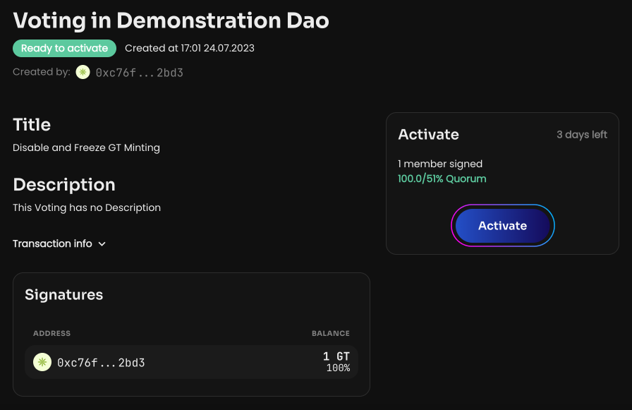 Click Create voting and create a vote. Once it is activated, GT Minting will be disabled permanently