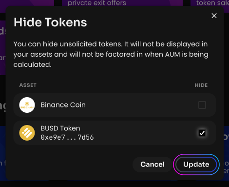 Click Update. After you sign the message in your wallet, the selected tokens will be hidden from your DAO's balance