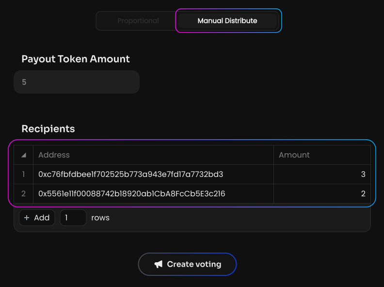 If you choose Manual Distribute, manually enter the addresses of the recipients and specify the number of tokens for…