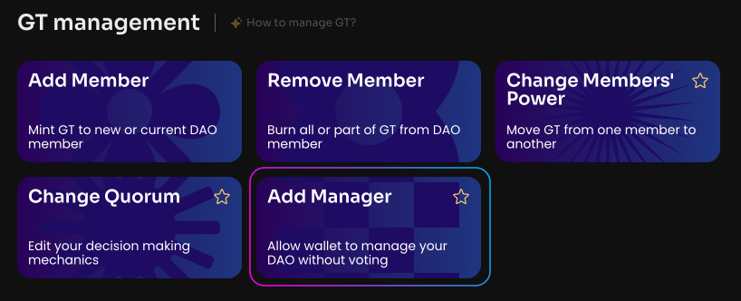 Click Add Manager on the Manage page in your DAO