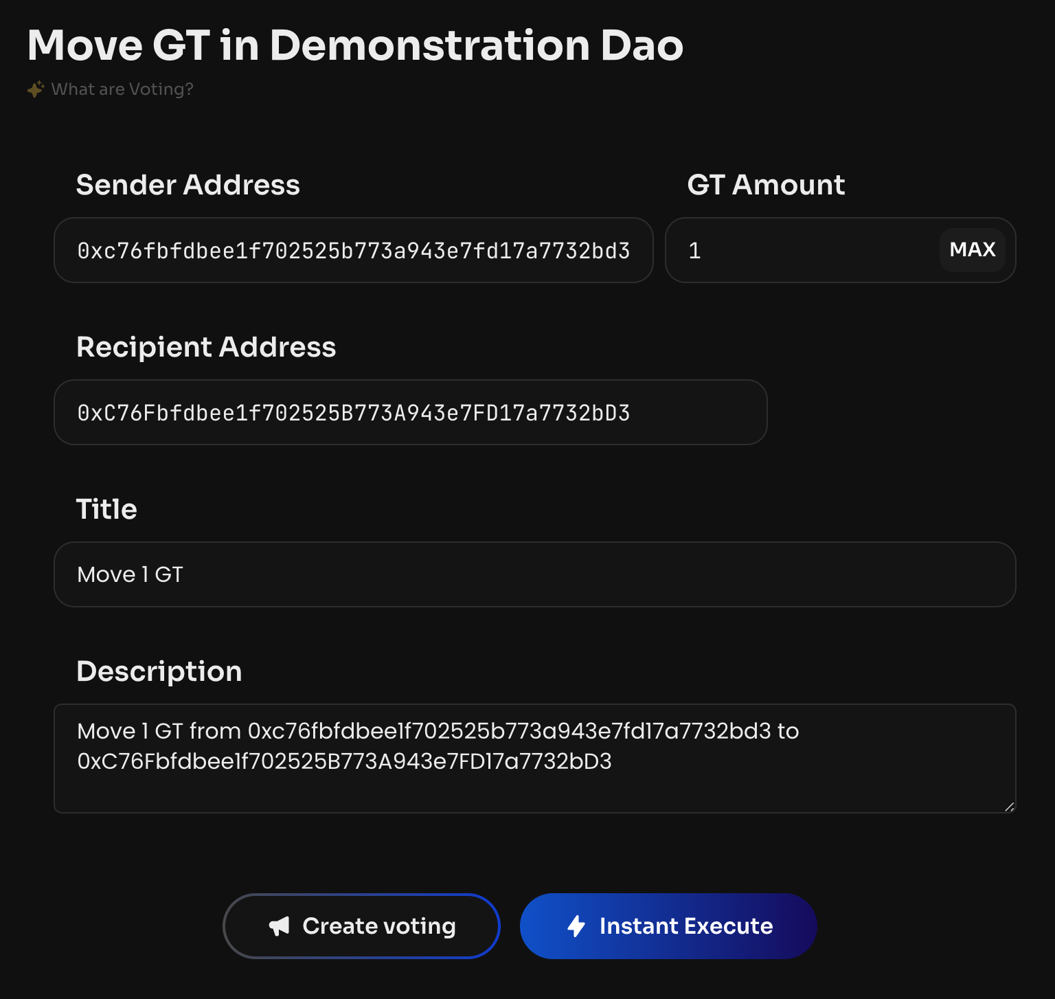 To transfer GT from one member to another, enter the public addresses of the sender and…