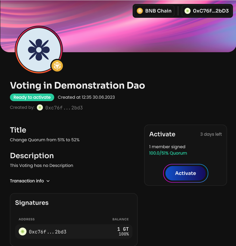 After the vote is created and activated, the new quorum will be adopted in the DAO.