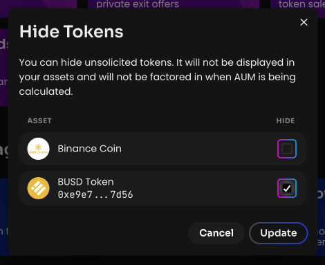 Check the box next to the tokens you want to hide