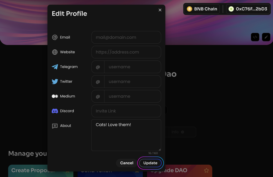 Click Update and sign the message in your wallet
