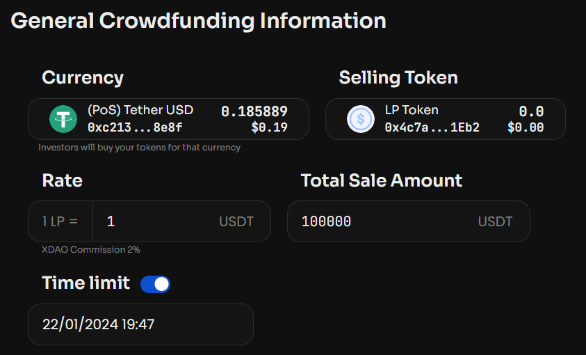 If needed, you can specify a Time limit - the date and time when the Crowdfunding will end