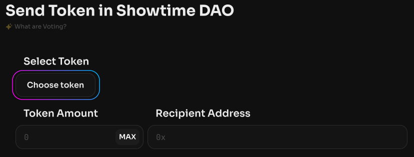 Select a token from the list or specify its smart contract that you will be sending from the DAO balance