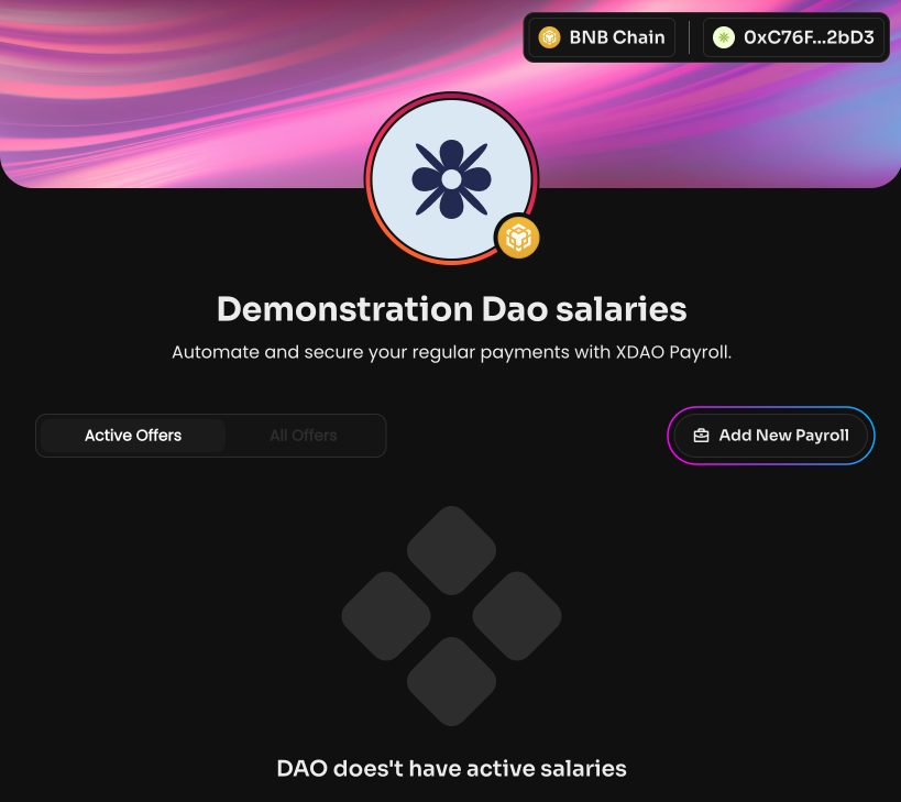 Click Pay Salaries on the Manage page in your DAO, then Add New Payroll