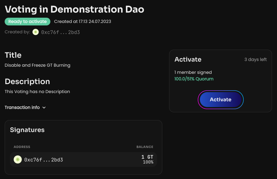 Click Create voting and create a vote. Once it is activated, GT Burning will be disabled permanently