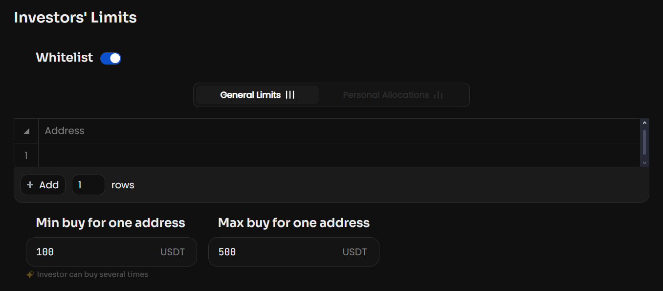 Specify Min and Max buy for one address - the minimum and maximum allocation for one address. If…