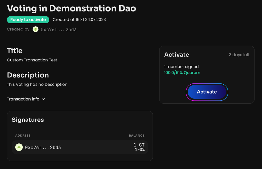 Click Create voting. Once the vote is created and activated, the custom transaction will…