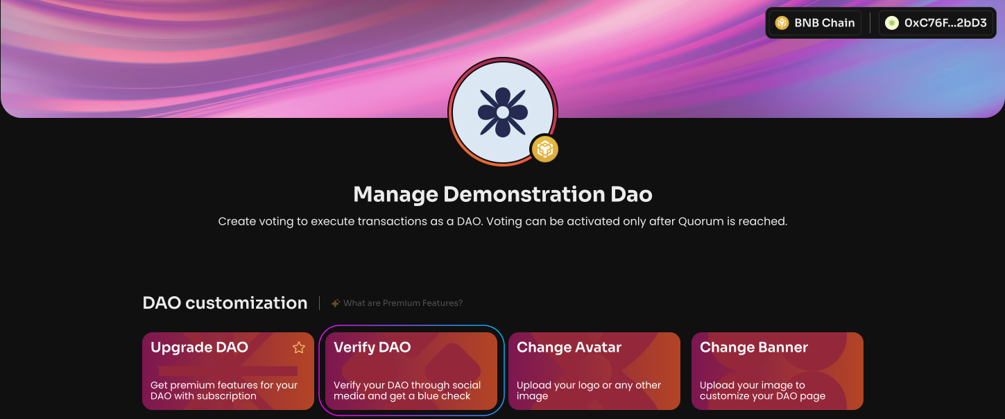 Click Verify DAO on the Manage page in your DAO