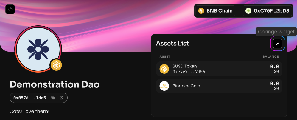 Click Change Widget on the Manage page in your DAO