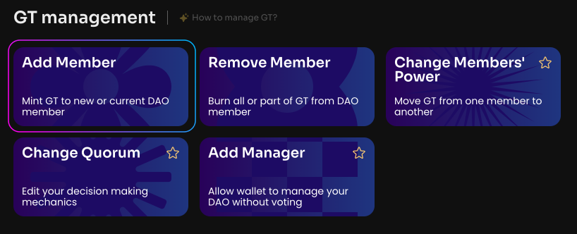 Click Add Member on the Manage page in your DAO