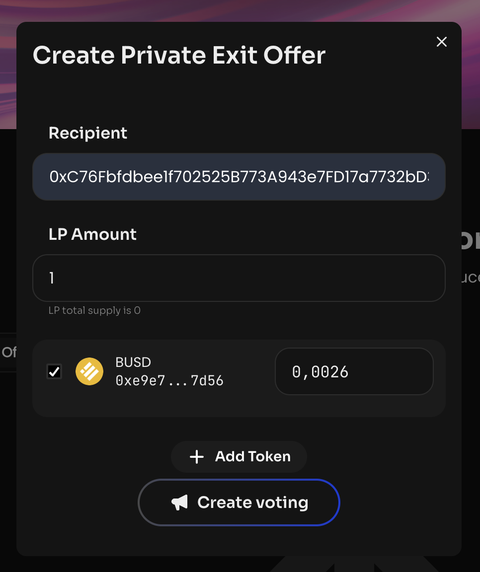 Select the tokens and specify their amount, which are held on the DAO's balance and will be sent to the recipient