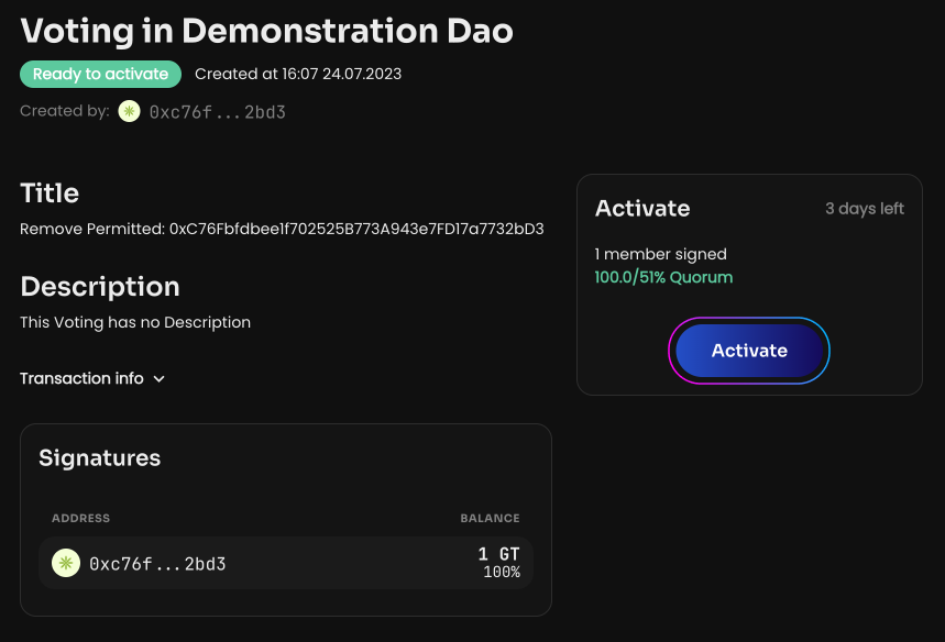 Click Create voting. Once the vote is created and activated, the Permitted address will be removed