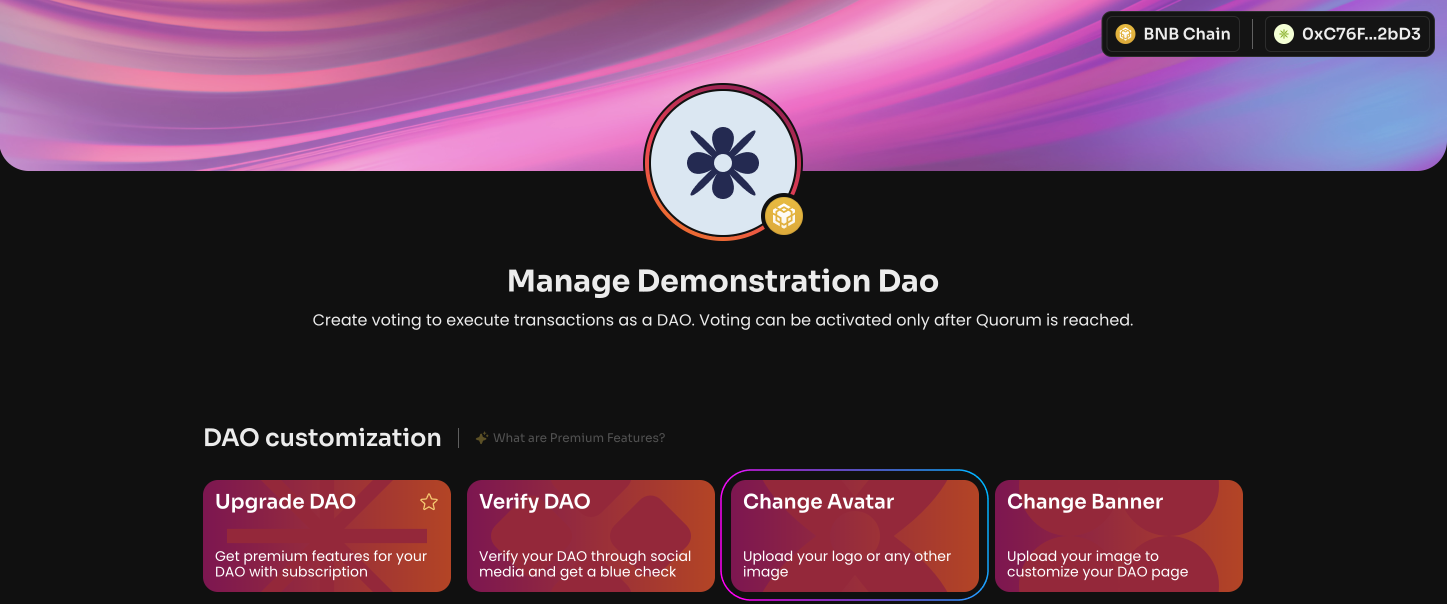 Click Change Avatar on the Manage page in your DAO