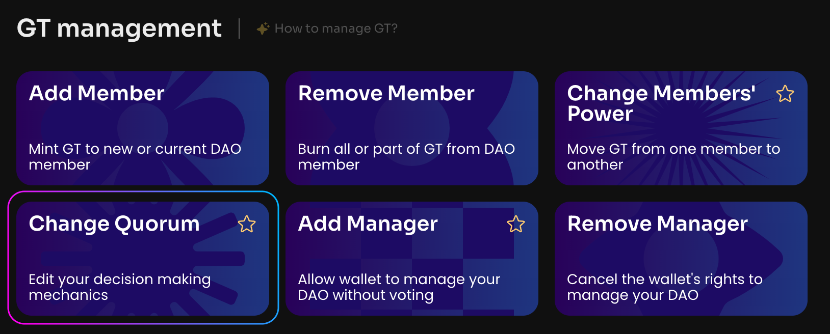 Click Change Quorum on the Manage page in your DAO