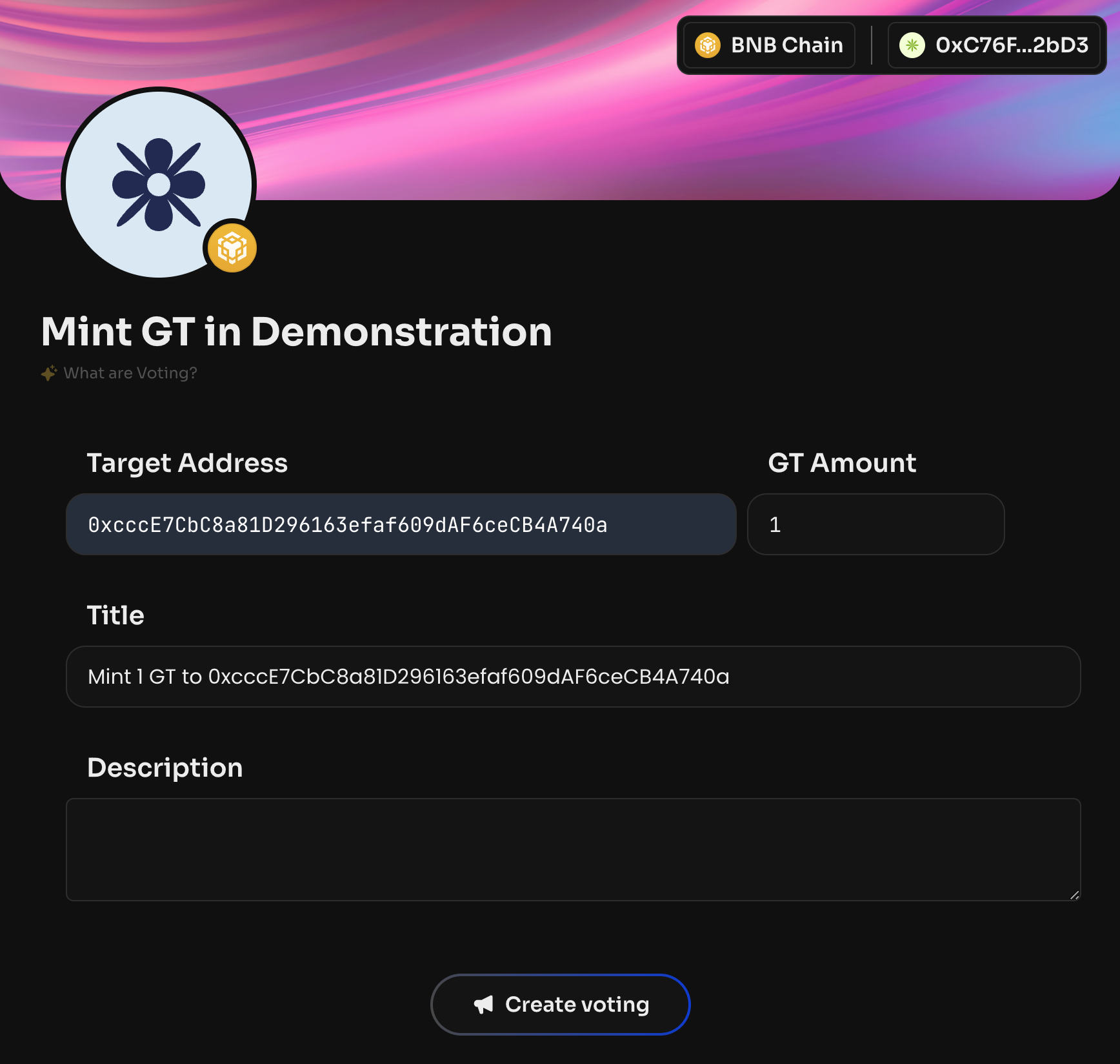 To add a member, enter their public address and the amount of GT