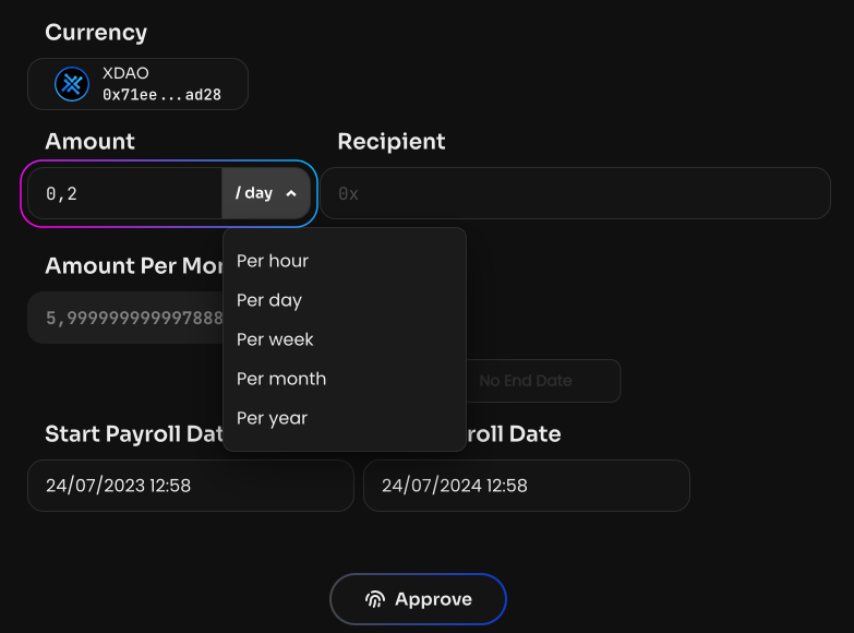 Specify the payment amount Amount and the period this amount will be accrued for, per hour, day, week, month or…