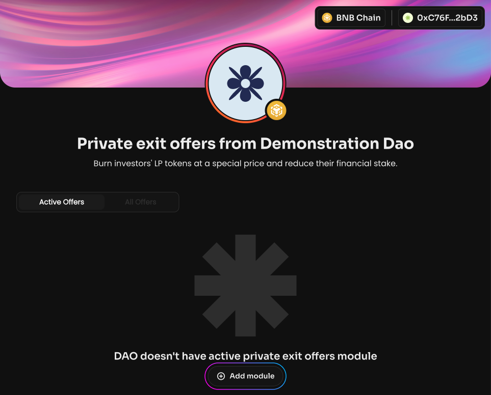 Click Add module, and then Create voting, to create a vote to connect your DAO to the Private…