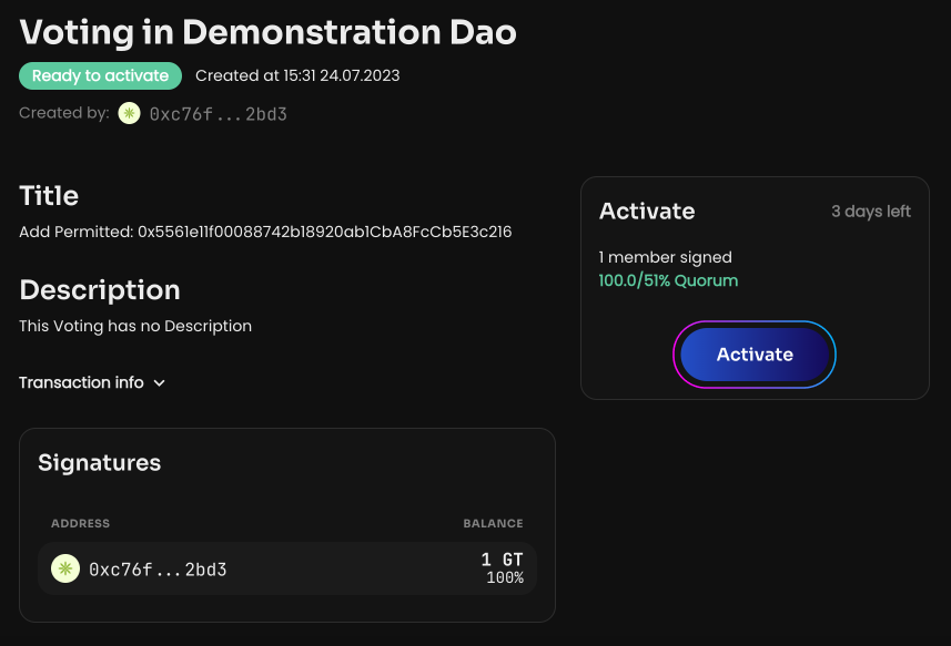 Click Create voting. Once the vote is created and activated, the Permitted address will appear in…