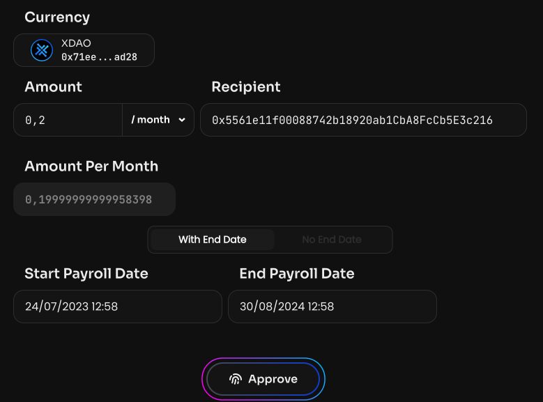 Click Approve to allow the Payroll smart contract to interact with the selected token on the DAO