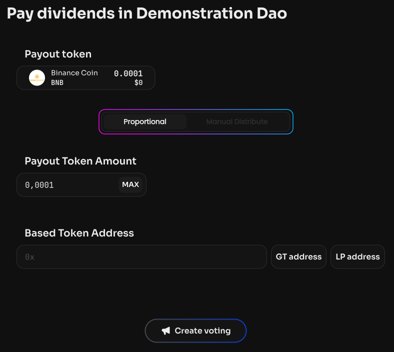 Choose the method of distributing the dividends: proportionally (Proportional) among holders of the base token…