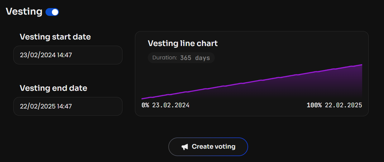 If needed, specify Vesting for the tokens being sold. Select the start and end date and time of the Vesting