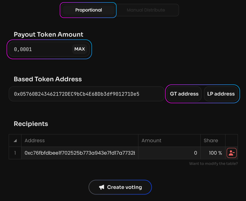 If you choose Proportional, specify the total number of tokens to send and select the base token to…